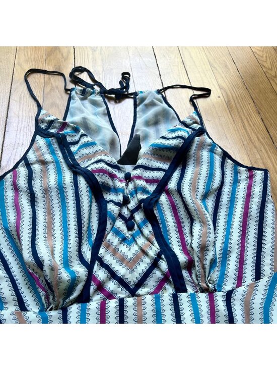 Anthropologie Girls From Savoy Size 14 Cream Striped Gull Wing Silk Sun Dress - Picture 5 of 16